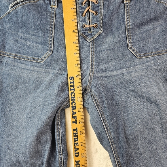 new york & company Flared Denim Jeans Distress 8 Retro Wide Leg Fray 70s Hippie - Picture 3 of 11